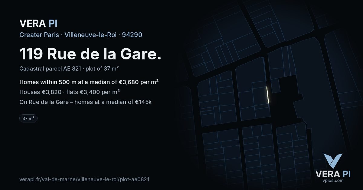 119 Rue de la Gare, Villeneuve-le-Roi at night – the plot lit, the parcels around coloured by the prices near them