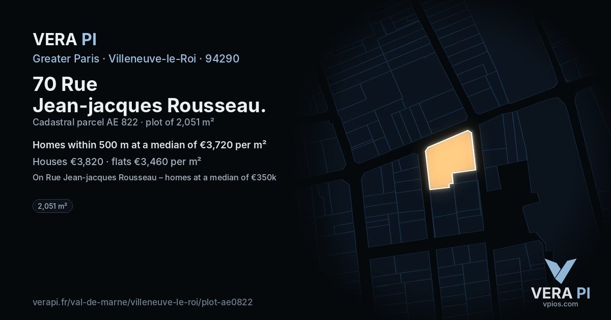 70 Rue Jean-jacques Rousseau, Villeneuve-le-Roi at night – the plot lit, the parcels around coloured by the prices near them