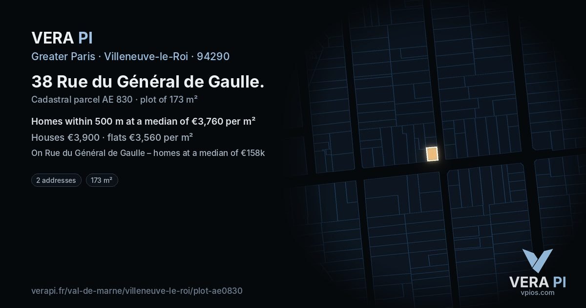 38 Rue du Général de Gaulle, Villeneuve-le-Roi at night – the plot lit, the parcels around coloured by the prices near them