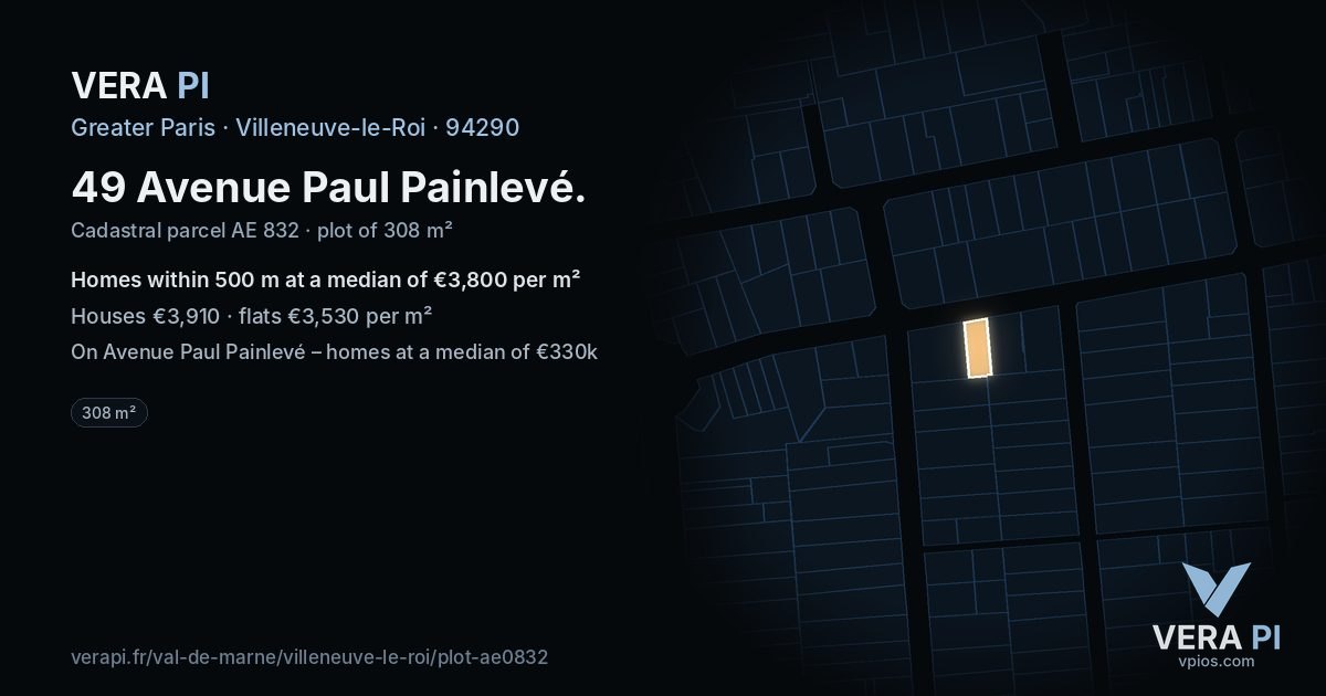 49 Avenue Paul Painlevé, Villeneuve-le-Roi at night – the plot lit, the parcels around coloured by the prices near them