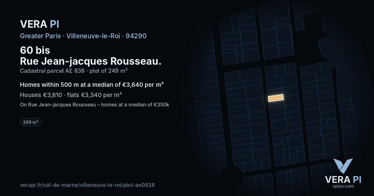 60 bis Rue Jean-jacques Rousseau, Villeneuve-le-Roi at night – the plot lit, the parcels around coloured by the prices near them