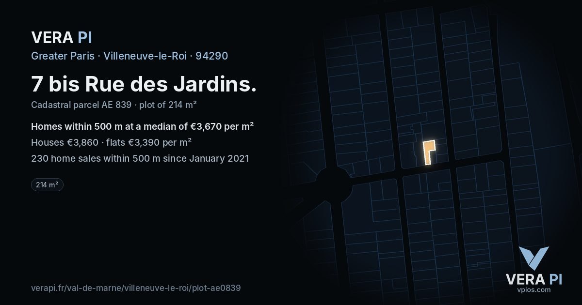 7 bis Rue des Jardins, Villeneuve-le-Roi at night – the plot lit, the parcels around coloured by the prices near them