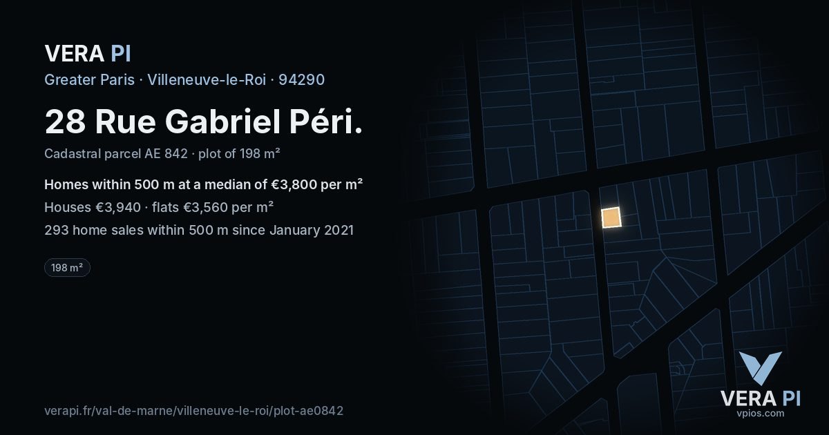 28 Rue Gabriel Péri, Villeneuve-le-Roi at night – the plot lit, the parcels around coloured by the prices near them