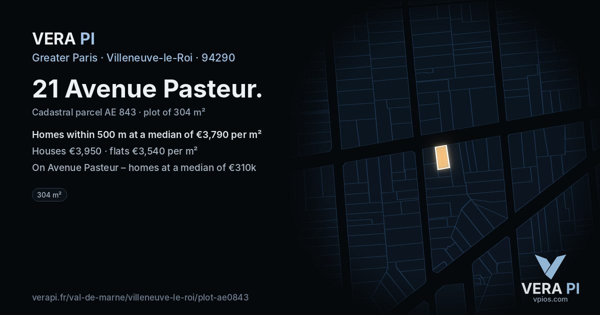 21 Avenue Pasteur, Villeneuve-le-Roi at night – the plot lit, the parcels around coloured by the prices near them