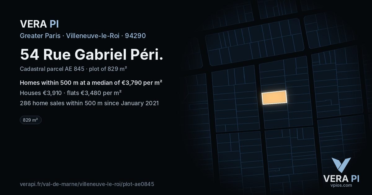 54 Rue Gabriel Péri, Villeneuve-le-Roi at night – the plot lit, the parcels around coloured by the prices near them