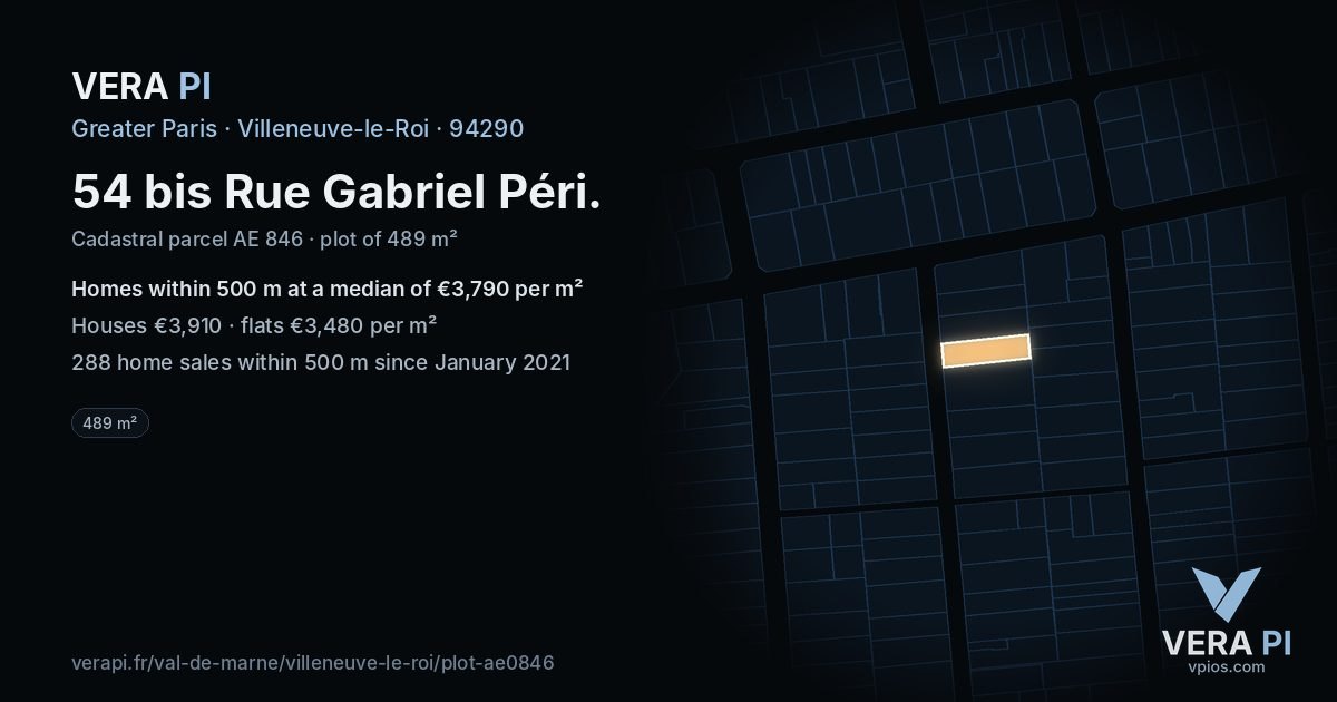 54 bis Rue Gabriel Péri, Villeneuve-le-Roi at night – the plot lit, the parcels around coloured by the prices near them