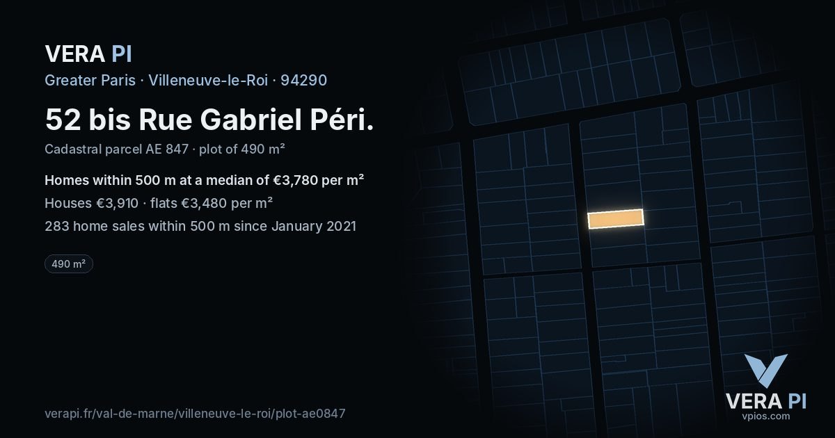 52 bis Rue Gabriel Péri, Villeneuve-le-Roi at night – the plot lit, the parcels around coloured by the prices near them
