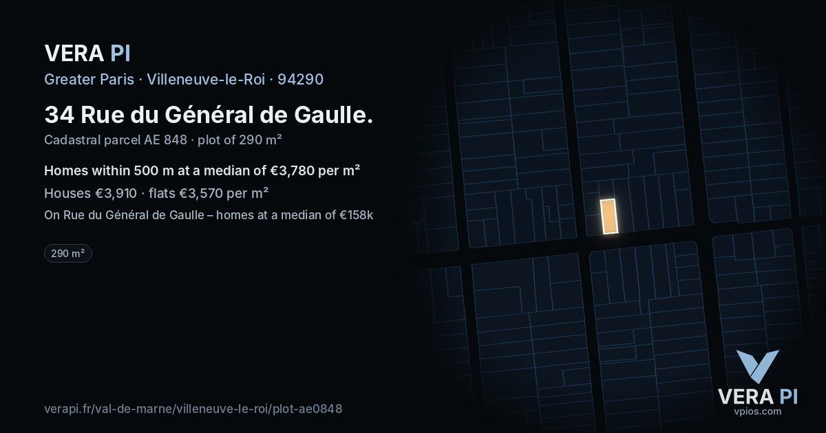34 Rue du Général de Gaulle, Villeneuve-le-Roi at night – the plot lit, the parcels around coloured by the prices near them