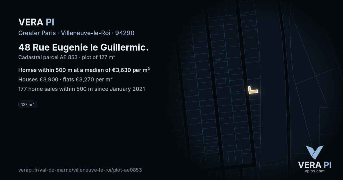 48 Rue Eugenie le Guillermic, Villeneuve-le-Roi at night – the plot lit, the parcels around coloured by the prices near them
