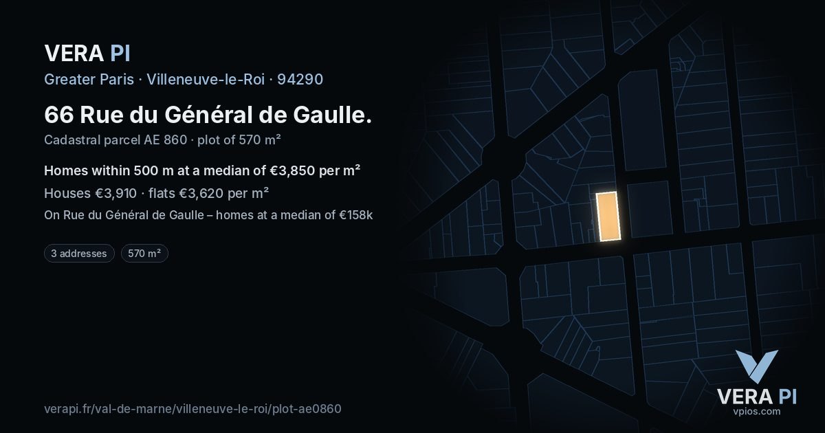 66 Rue du Général de Gaulle, Villeneuve-le-Roi at night – the plot lit, the parcels around coloured by the prices near them