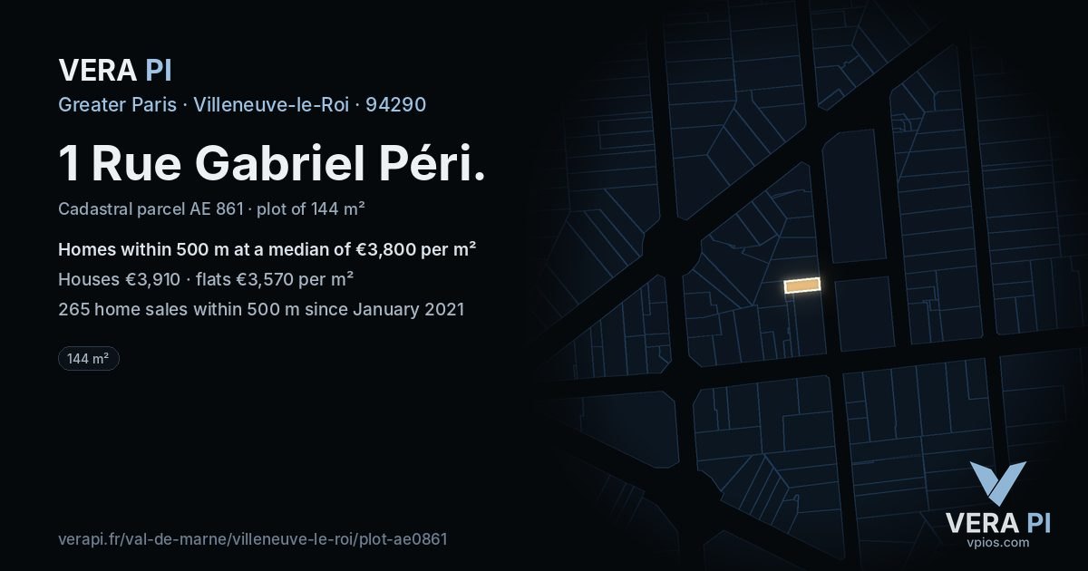 1 Rue Gabriel Péri, Villeneuve-le-Roi at night – the plot lit, the parcels around coloured by the prices near them