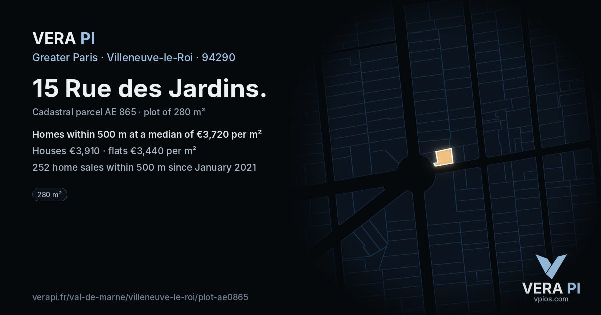 15 Rue des Jardins, Villeneuve-le-Roi at night – the plot lit, the parcels around coloured by the prices near them