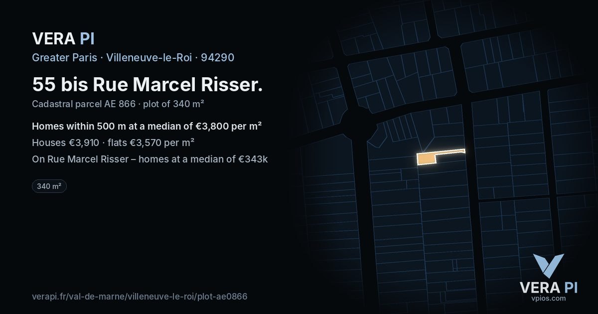 55 bis Rue Marcel Risser, Villeneuve-le-Roi at night – the plot lit, the parcels around coloured by the prices near them