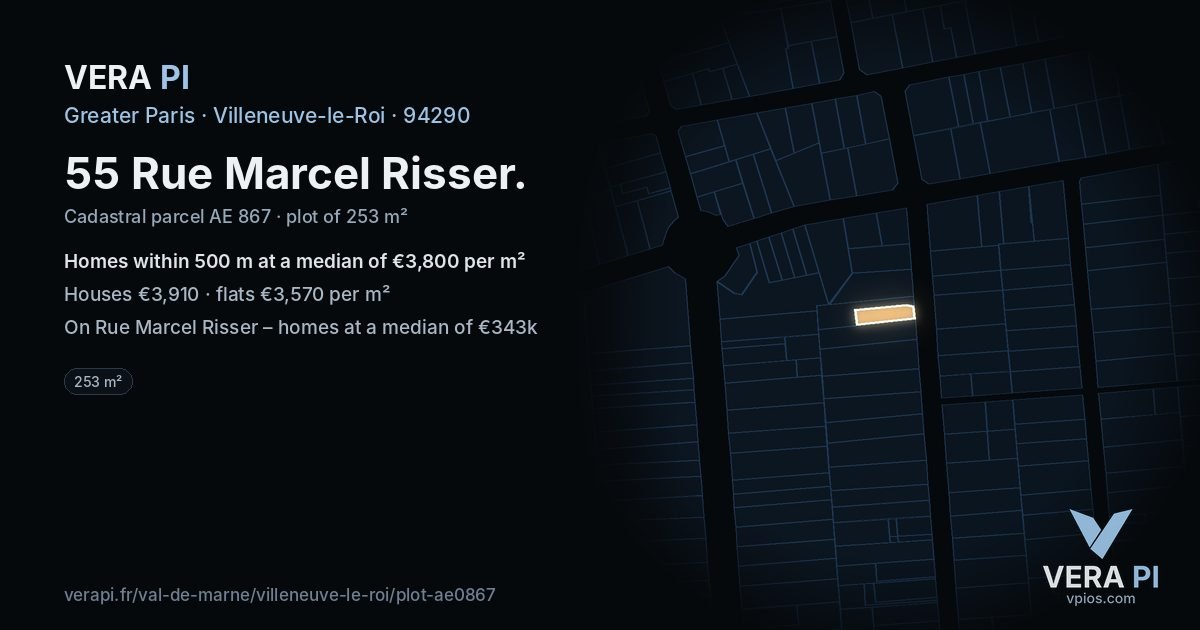 55 Rue Marcel Risser, Villeneuve-le-Roi at night – the plot lit, the parcels around coloured by the prices near them