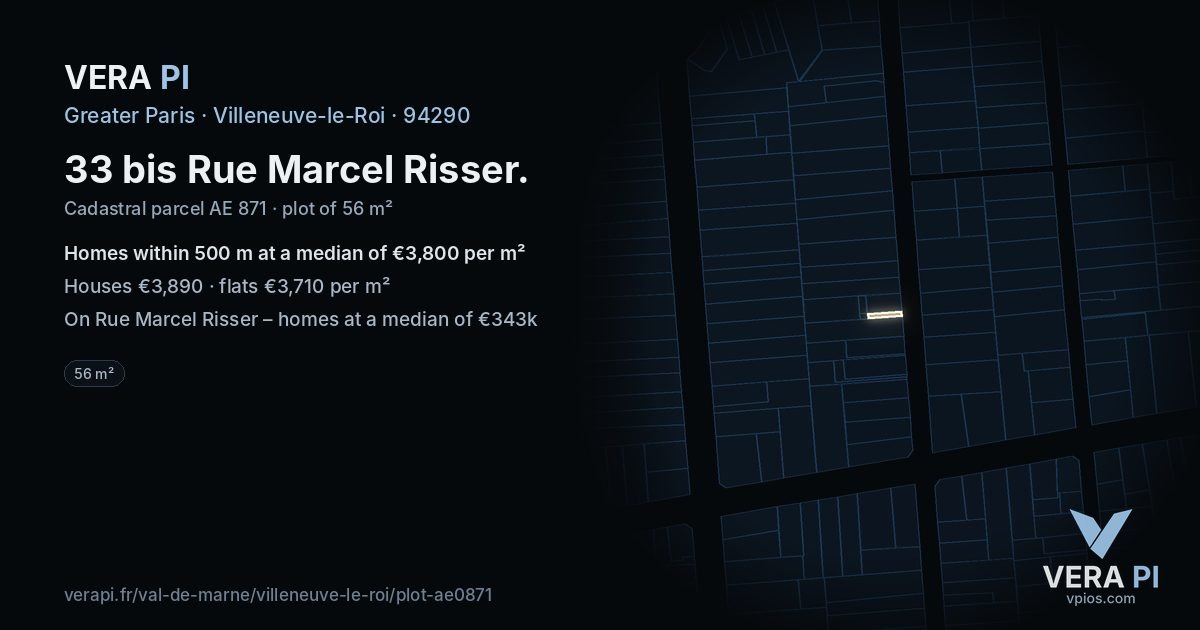 33 bis Rue Marcel Risser, Villeneuve-le-Roi at night – the plot lit, the parcels around coloured by the prices near them