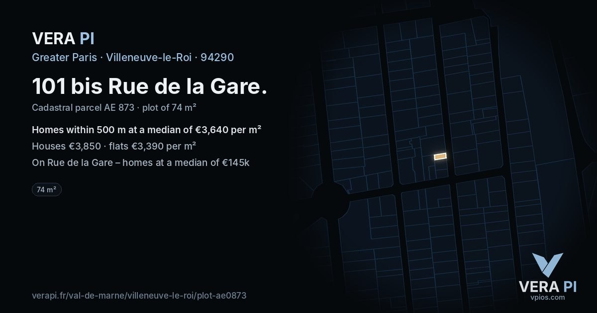 101 bis Rue de la Gare, Villeneuve-le-Roi at night – the plot lit, the parcels around coloured by the prices near them