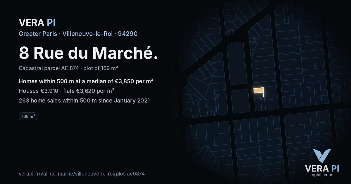 8 Rue du Marché, Villeneuve-le-Roi at night – the plot lit, the parcels around coloured by the prices near them