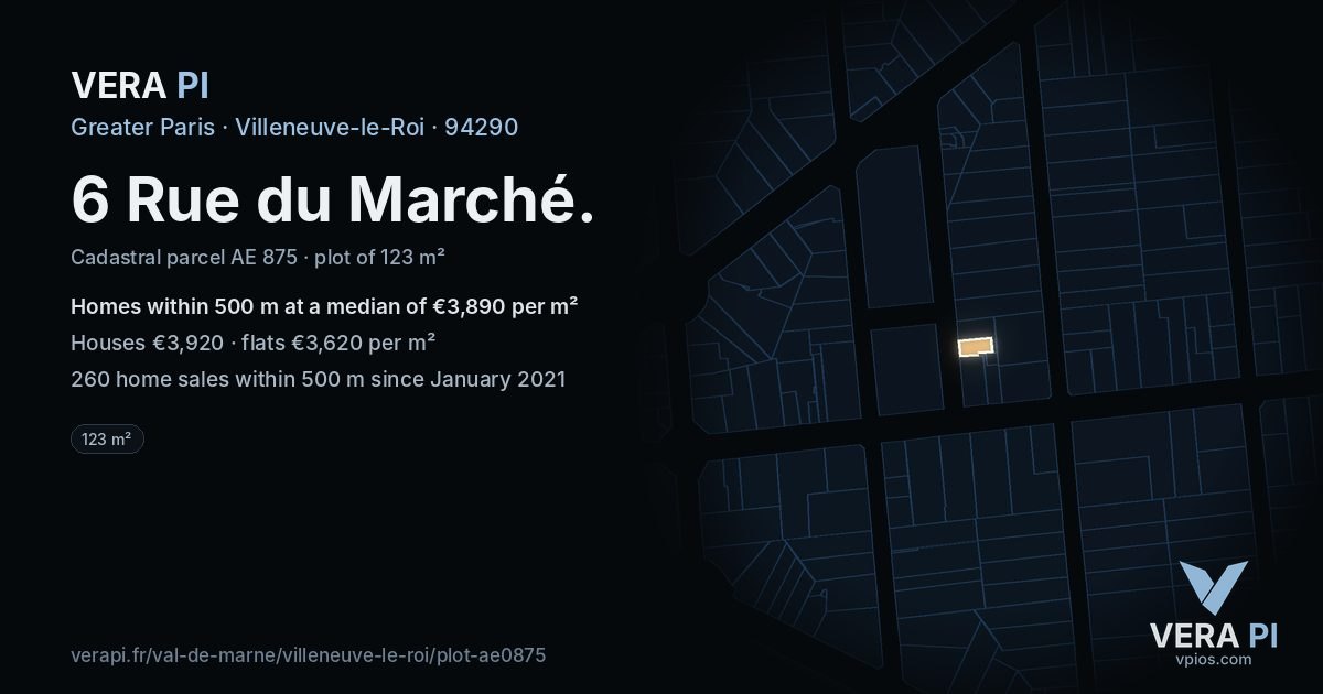 6 Rue du Marché, Villeneuve-le-Roi at night – the plot lit, the parcels around coloured by the prices near them
