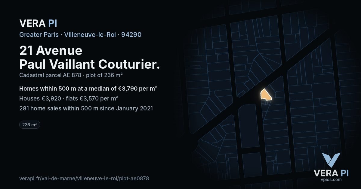 21 Avenue Paul Vaillant Couturier, Villeneuve-le-Roi at night – the plot lit, the parcels around coloured by the prices near them