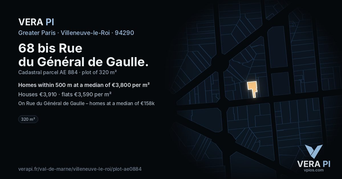 68 bis Rue du Général de Gaulle, Villeneuve-le-Roi at night – the plot lit, the parcels around coloured by the prices near them