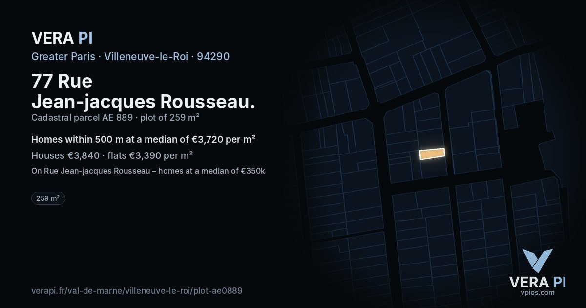 77 Rue Jean-jacques Rousseau, Villeneuve-le-Roi at night – the plot lit, the parcels around coloured by the prices near them