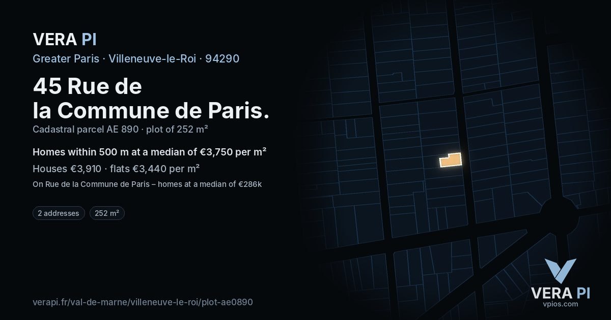 45 Rue de la Commune de Paris, Villeneuve-le-Roi at night – the plot lit, the parcels around coloured by the prices near them