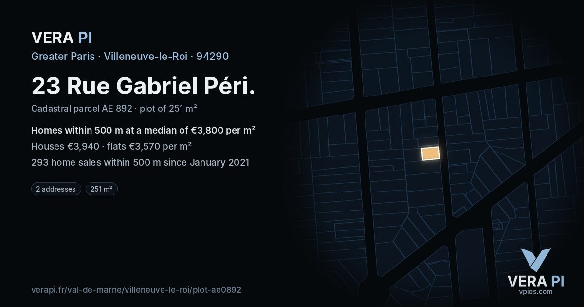 23 Rue Gabriel Péri, Villeneuve-le-Roi at night – the plot lit, the parcels around coloured by the prices near them