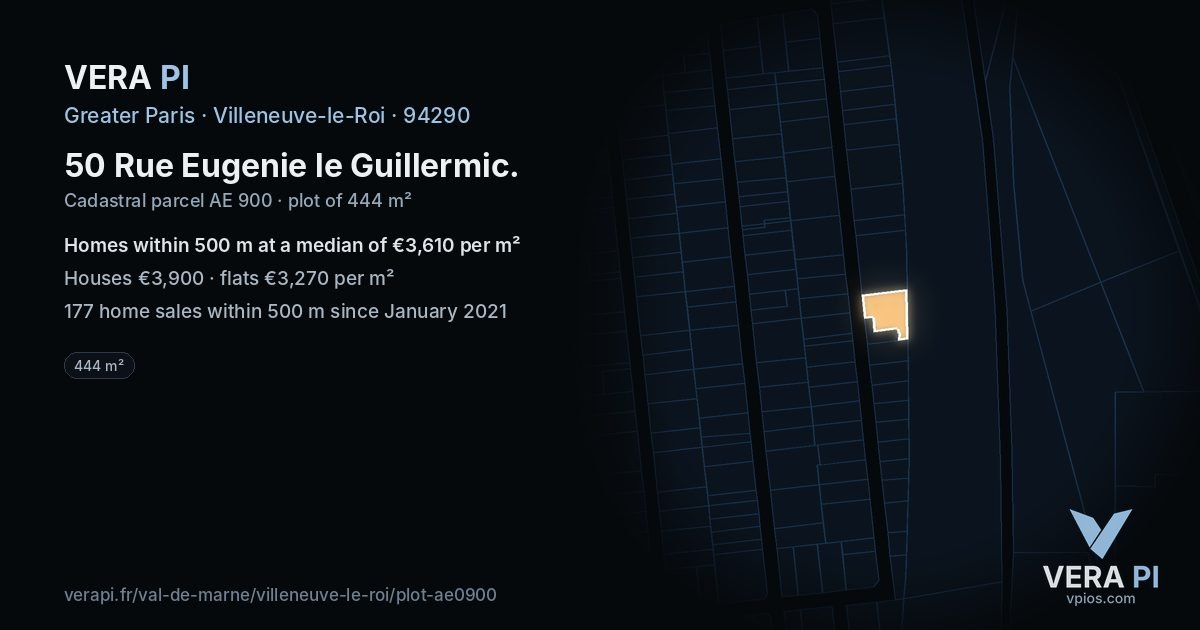 50 Rue Eugenie le Guillermic, Villeneuve-le-Roi at night – the plot lit, the parcels around coloured by the prices near them