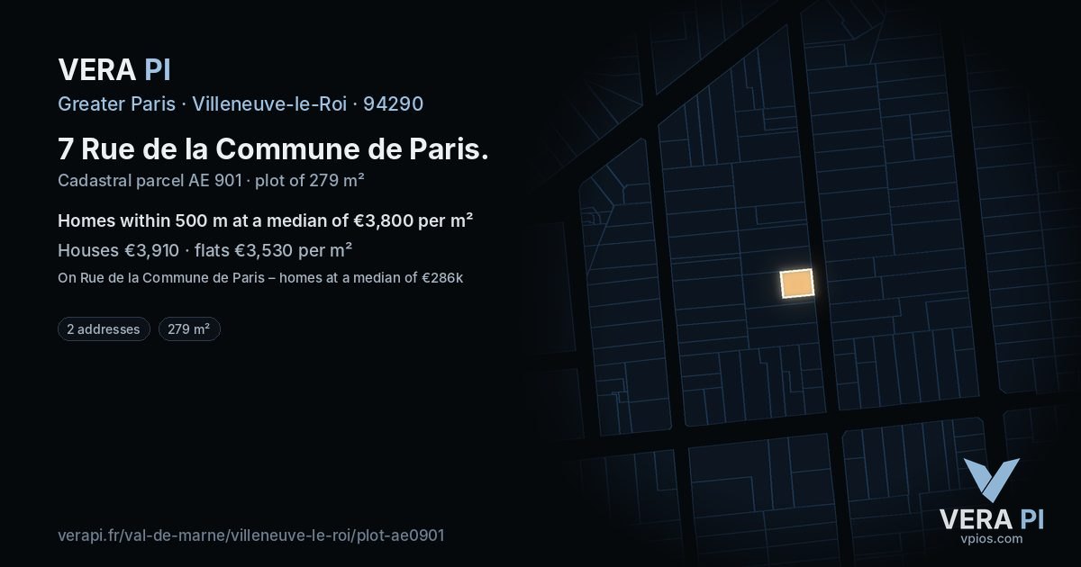 7 Rue de la Commune de Paris, Villeneuve-le-Roi at night – the plot lit, the parcels around coloured by the prices near them