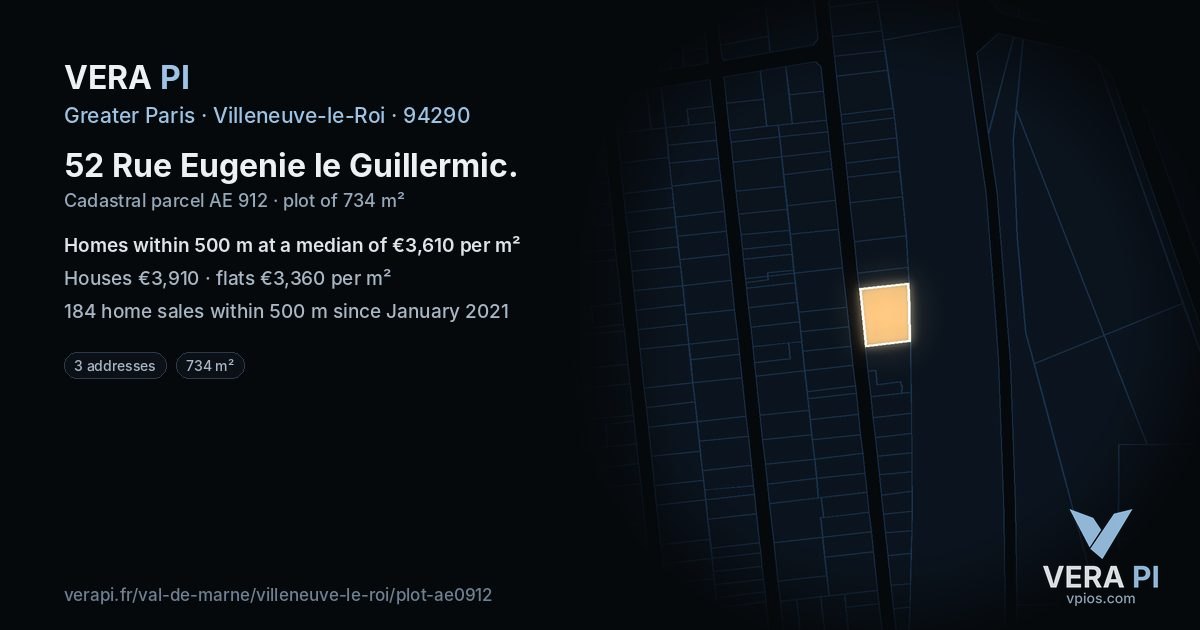 52 Rue Eugenie le Guillermic, Villeneuve-le-Roi at night – the plot lit, the parcels around coloured by the prices near them