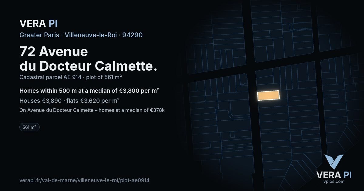 72 Avenue du Docteur Calmette, Villeneuve-le-Roi at night – the plot lit, the parcels around coloured by the prices near them