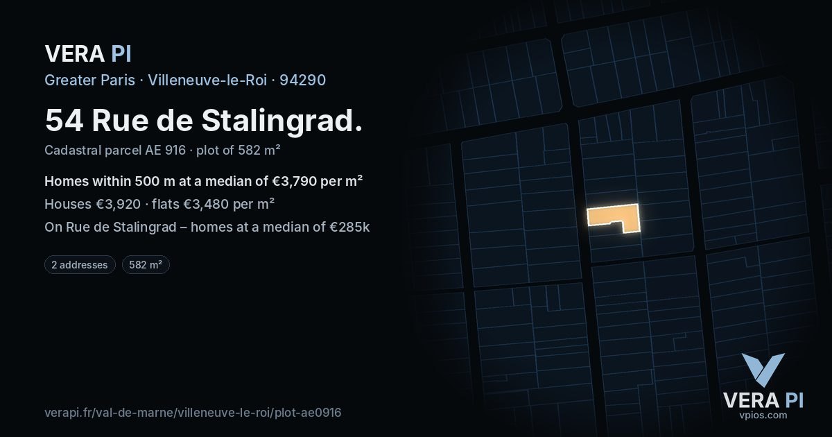54 Rue de Stalingrad, Villeneuve-le-Roi at night – the plot lit, the parcels around coloured by the prices near them