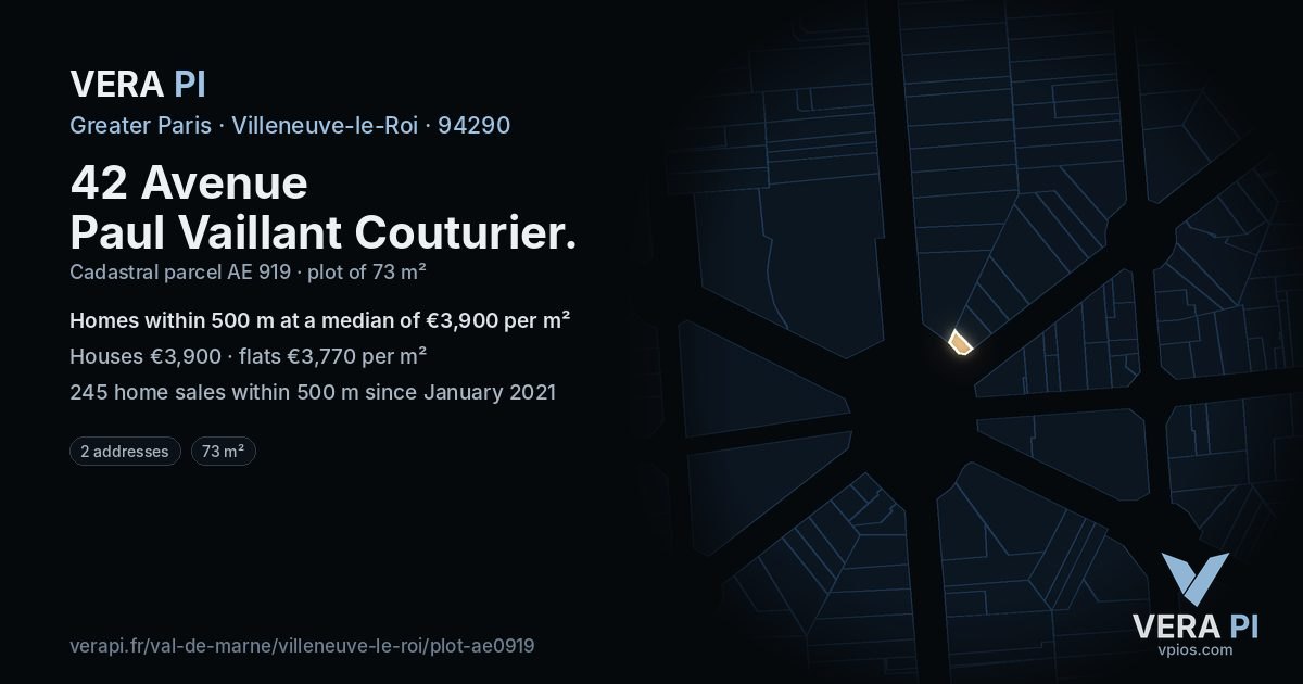 42 Avenue Paul Vaillant Couturier, Villeneuve-le-Roi at night – the plot lit, the parcels around coloured by the prices near them
