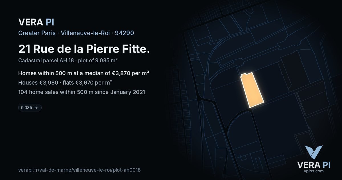 21 Rue de la Pierre Fitte, Villeneuve-le-Roi at night – the plot lit, the parcels around coloured by the prices near them