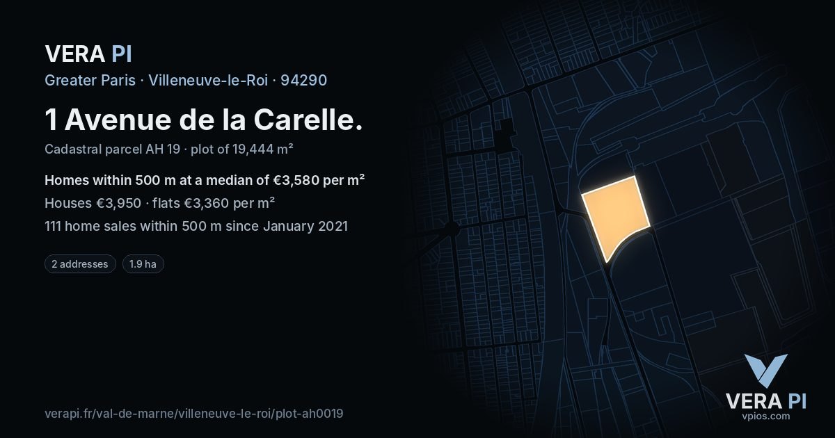 1 Avenue de la Carelle, Villeneuve-le-Roi at night – the plot lit, the parcels around coloured by the prices near them
