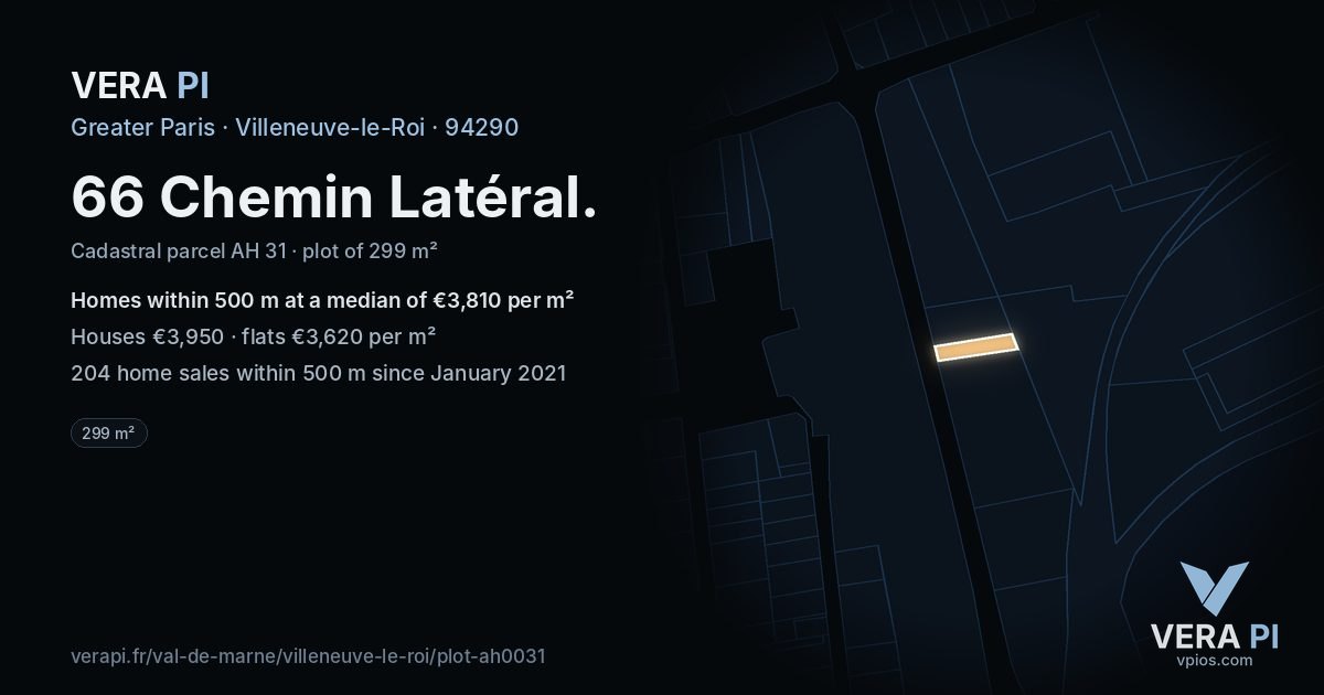 66 Chemin Latéral, Villeneuve-le-Roi at night – the plot lit, the parcels around coloured by the prices near them