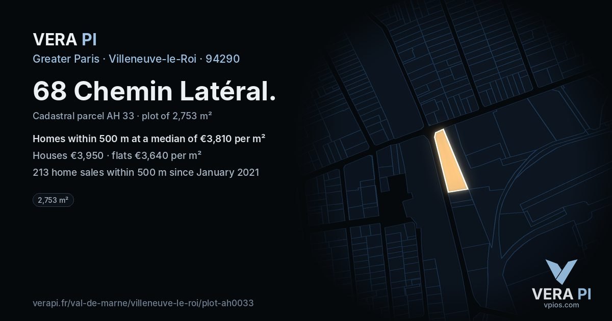 68 Chemin Latéral, Villeneuve-le-Roi at night – the plot lit, the parcels around coloured by the prices near them