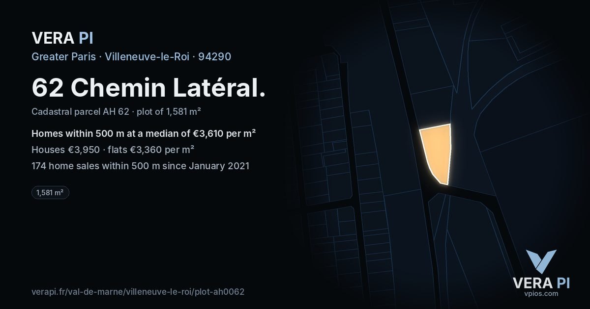 62 Chemin Latéral, Villeneuve-le-Roi at night – the plot lit, the parcels around coloured by the prices near them