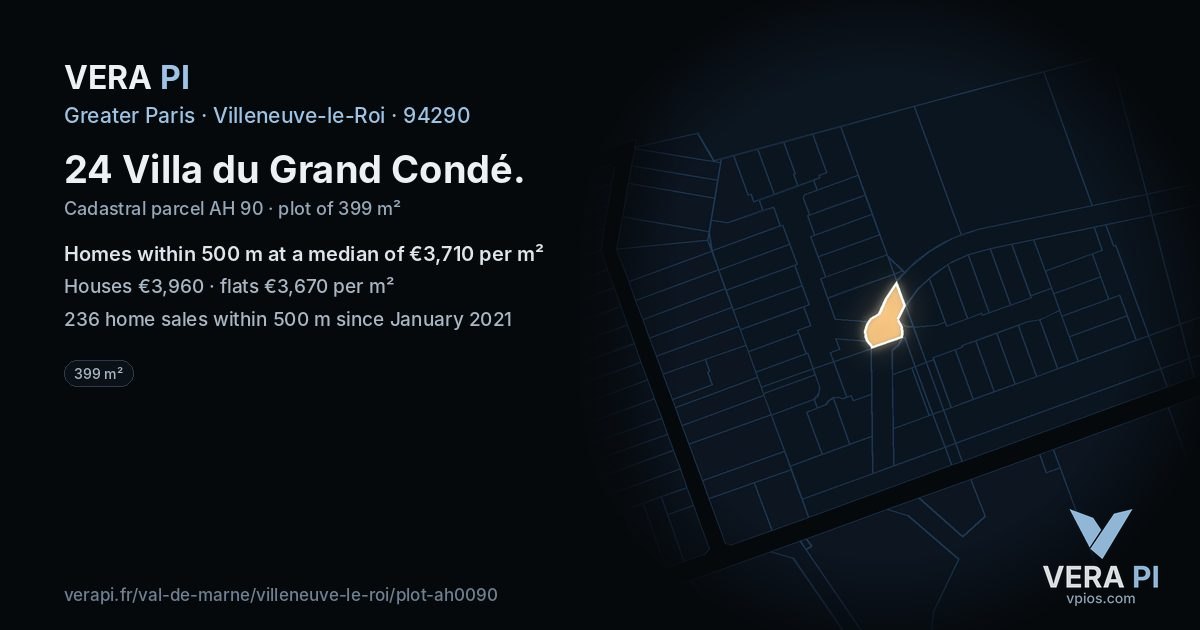 24 Villa du Grand Condé, Villeneuve-le-Roi at night – the plot lit, the parcels around coloured by the prices near them