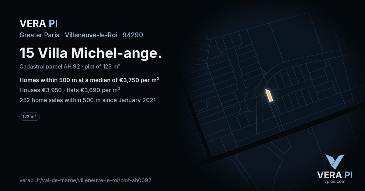 15 Villa Michel-ange, Villeneuve-le-Roi at night – the plot lit, the parcels around coloured by the prices near them