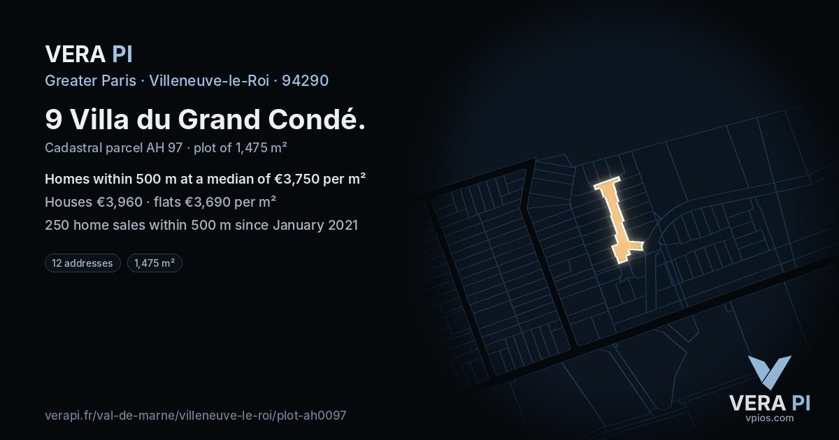 9 Villa du Grand Condé, Villeneuve-le-Roi at night – the plot lit, the parcels around coloured by the prices near them