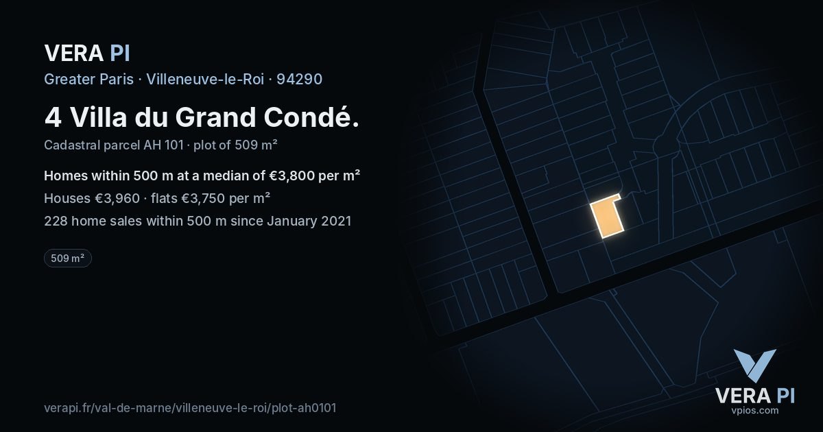 4 Villa du Grand Condé, Villeneuve-le-Roi at night – the plot lit, the parcels around coloured by the prices near them