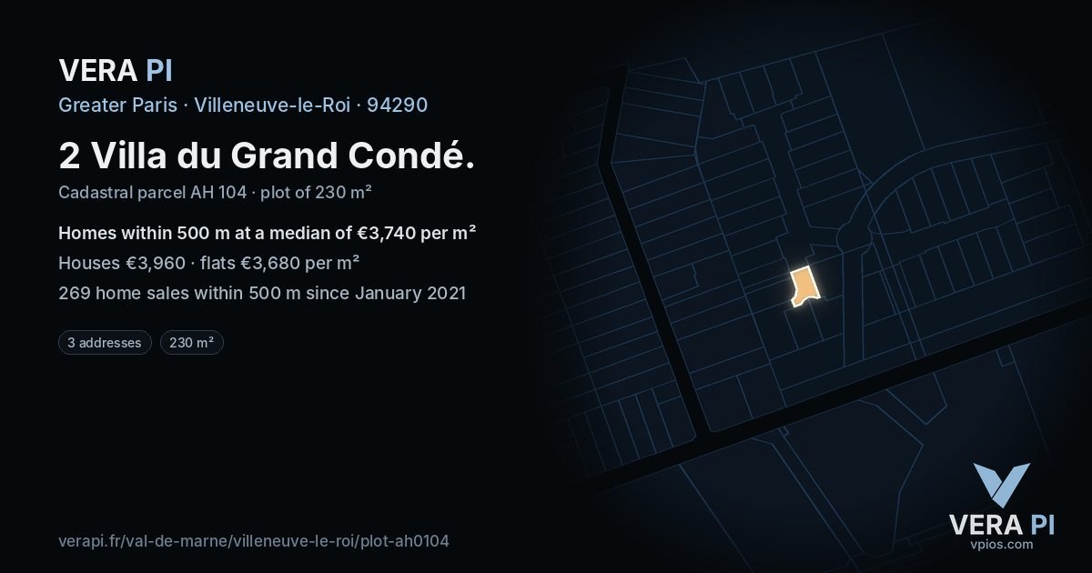 2 Villa du Grand Condé, Villeneuve-le-Roi at night – the plot lit, the parcels around coloured by the prices near them