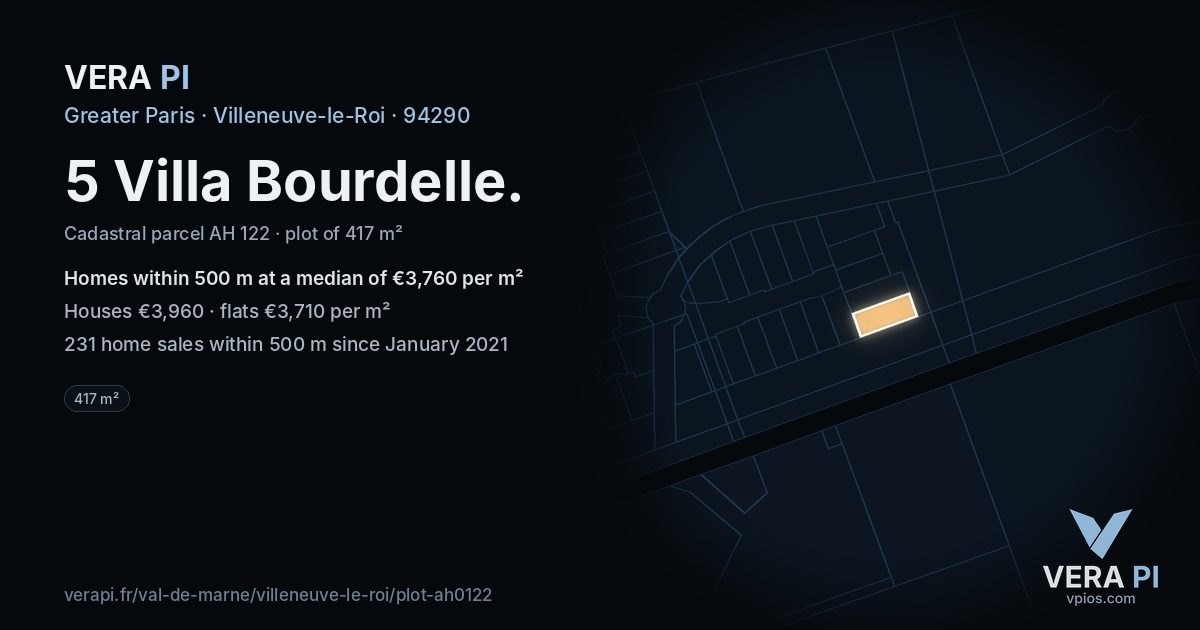 5 Villa Bourdelle, Villeneuve-le-Roi at night – the plot lit, the parcels around coloured by the prices near them
