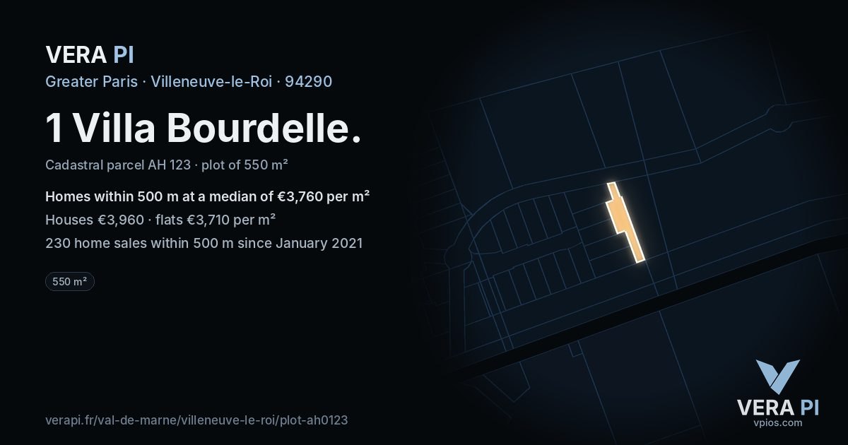 1 Villa Bourdelle, Villeneuve-le-Roi at night – the plot lit, the parcels around coloured by the prices near them