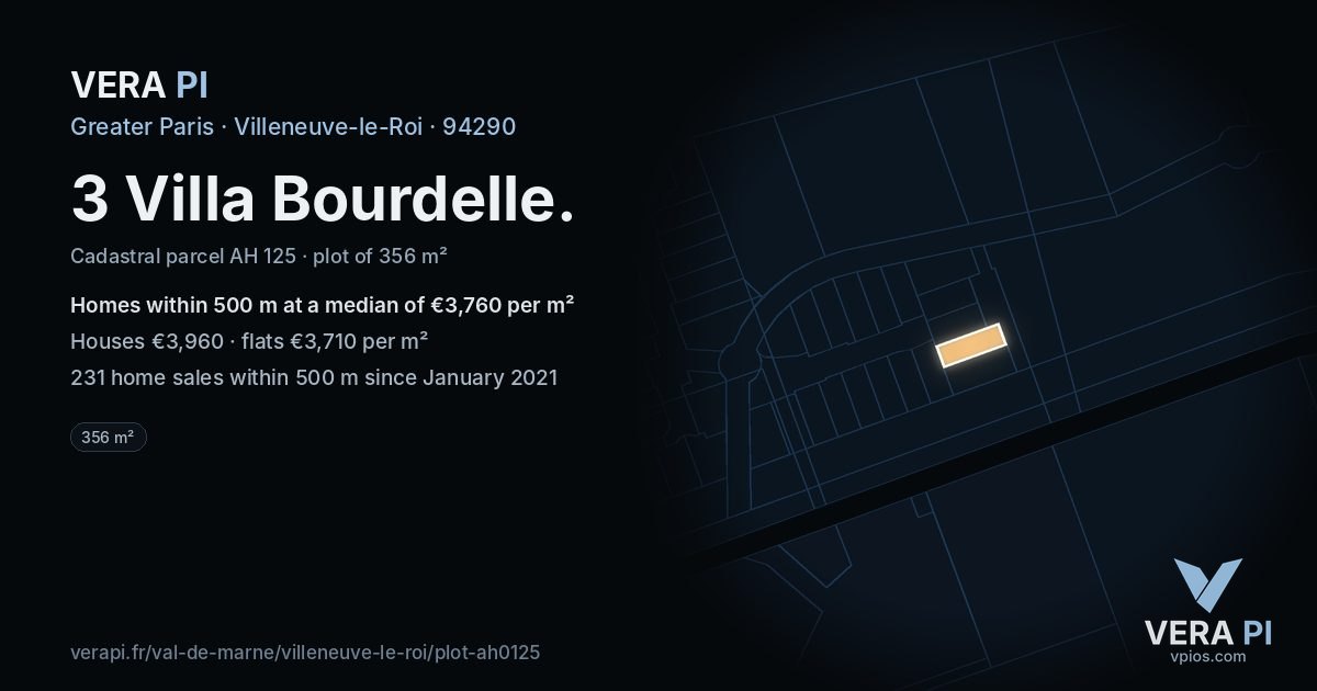 3 Villa Bourdelle, Villeneuve-le-Roi at night – the plot lit, the parcels around coloured by the prices near them