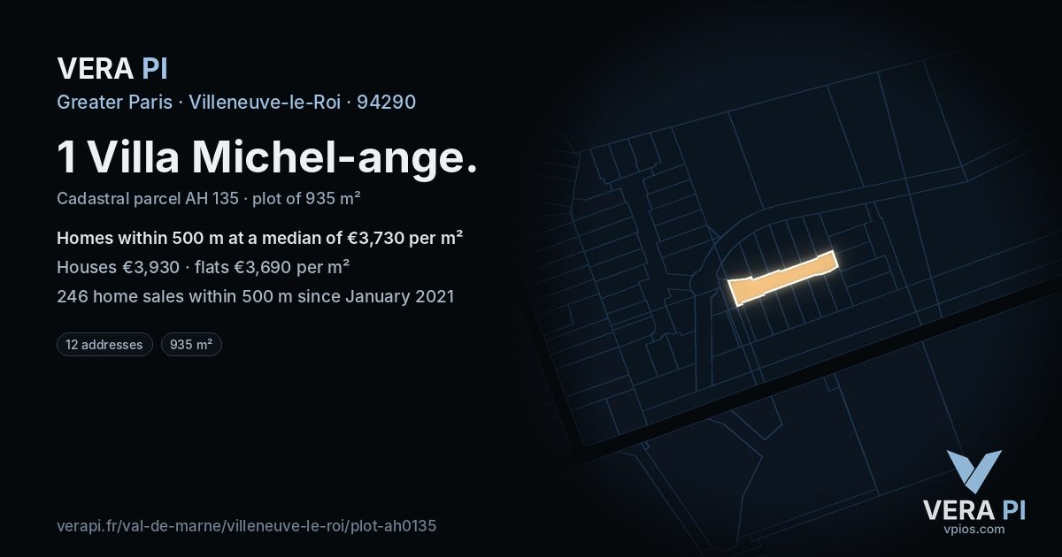 1 Villa Michel-ange, Villeneuve-le-Roi at night – the plot lit, the parcels around coloured by the prices near them
