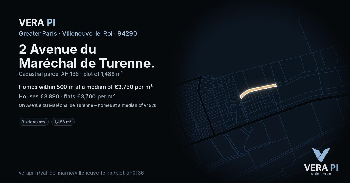 2 Avenue du Maréchal de Turenne, Villeneuve-le-Roi at night – the plot lit, the parcels around coloured by the prices near them