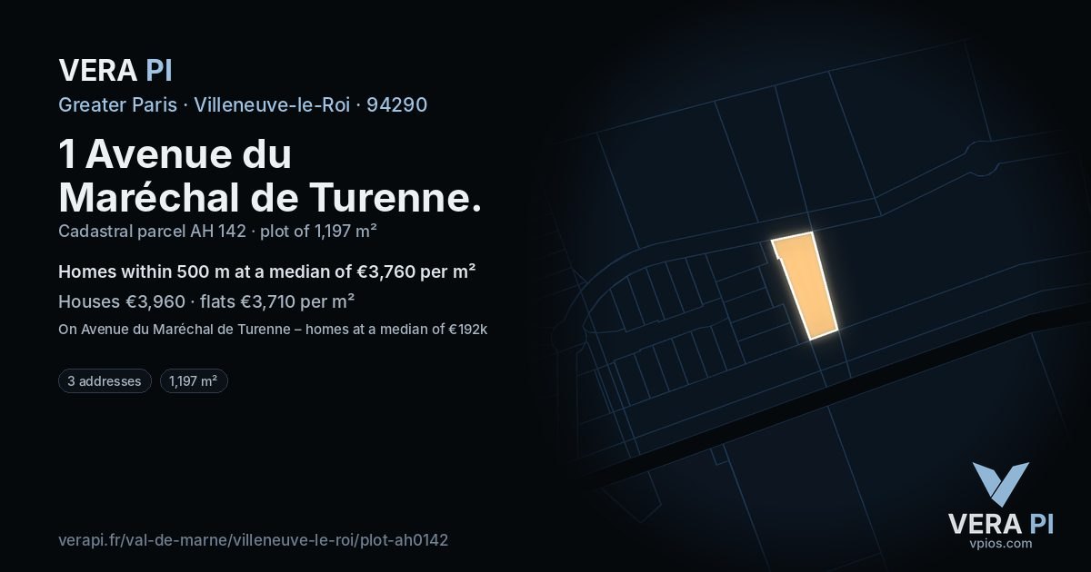 1 Avenue du Maréchal de Turenne, Villeneuve-le-Roi at night – the plot lit, the parcels around coloured by the prices near them