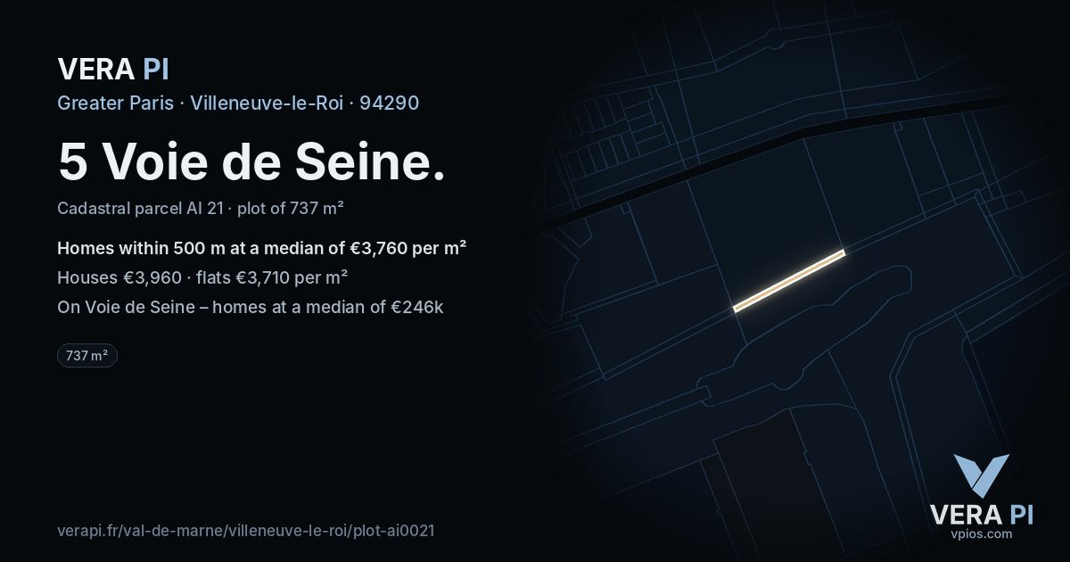 5 Voie de Seine, Villeneuve-le-Roi at night – the plot lit, the parcels around coloured by the prices near them